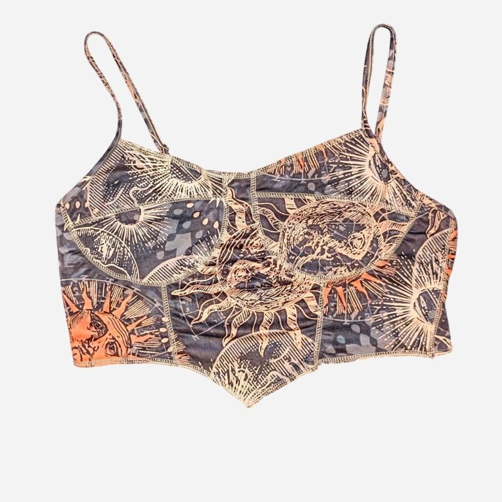 Large, stretchy, spaghetti celestial strap crop top